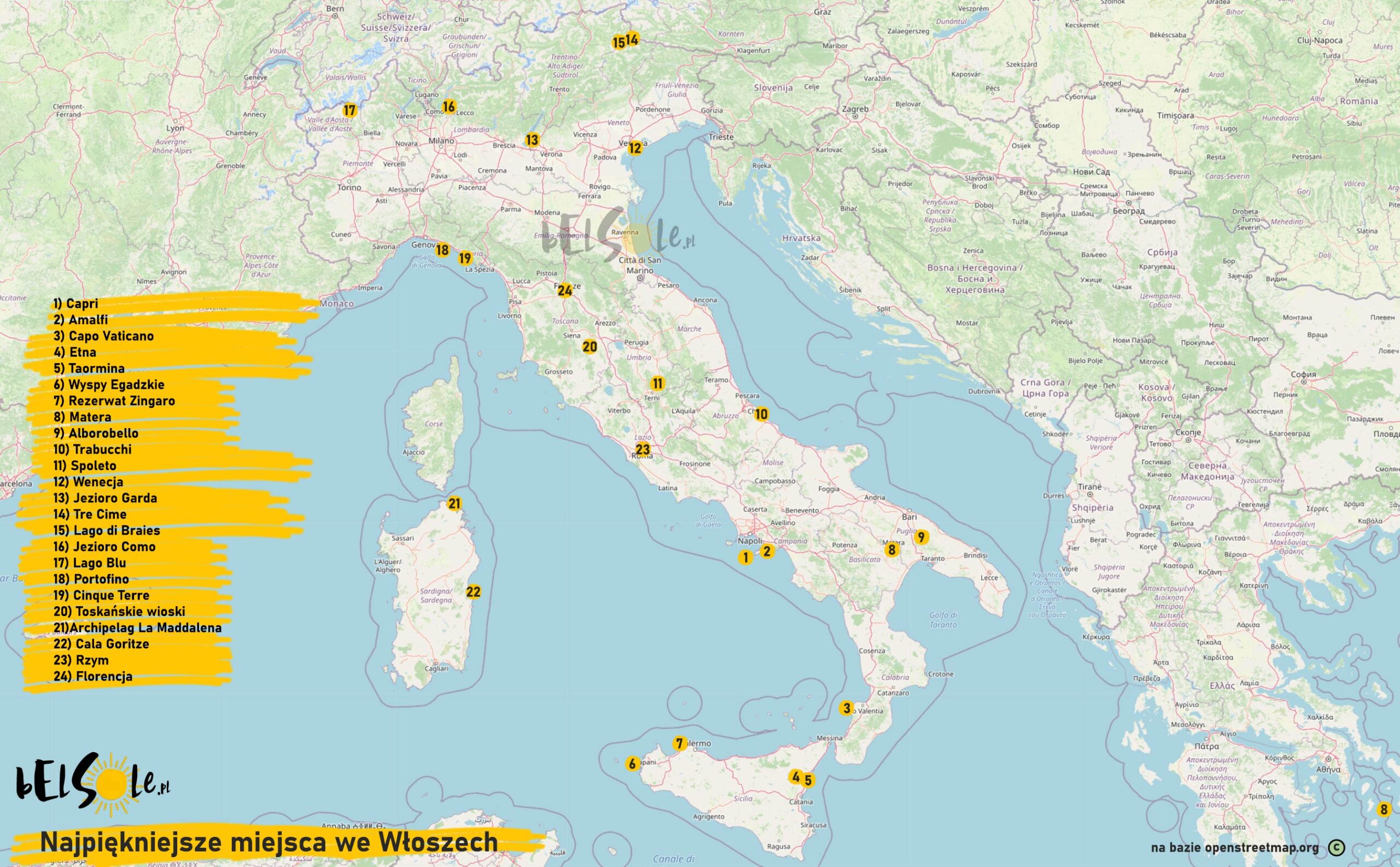 najpiękniejsze miejsca we Włoszech mapa