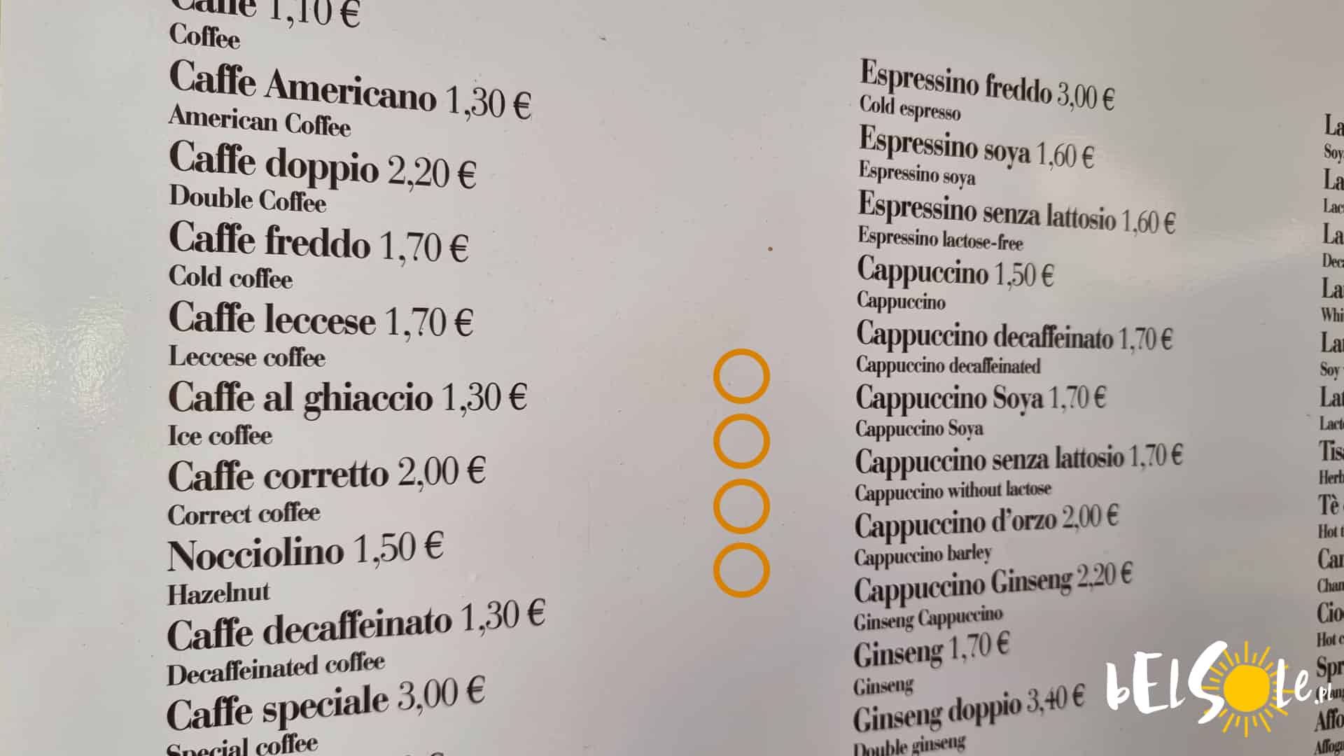Ceny w kawiarniach we Włoszech 2024